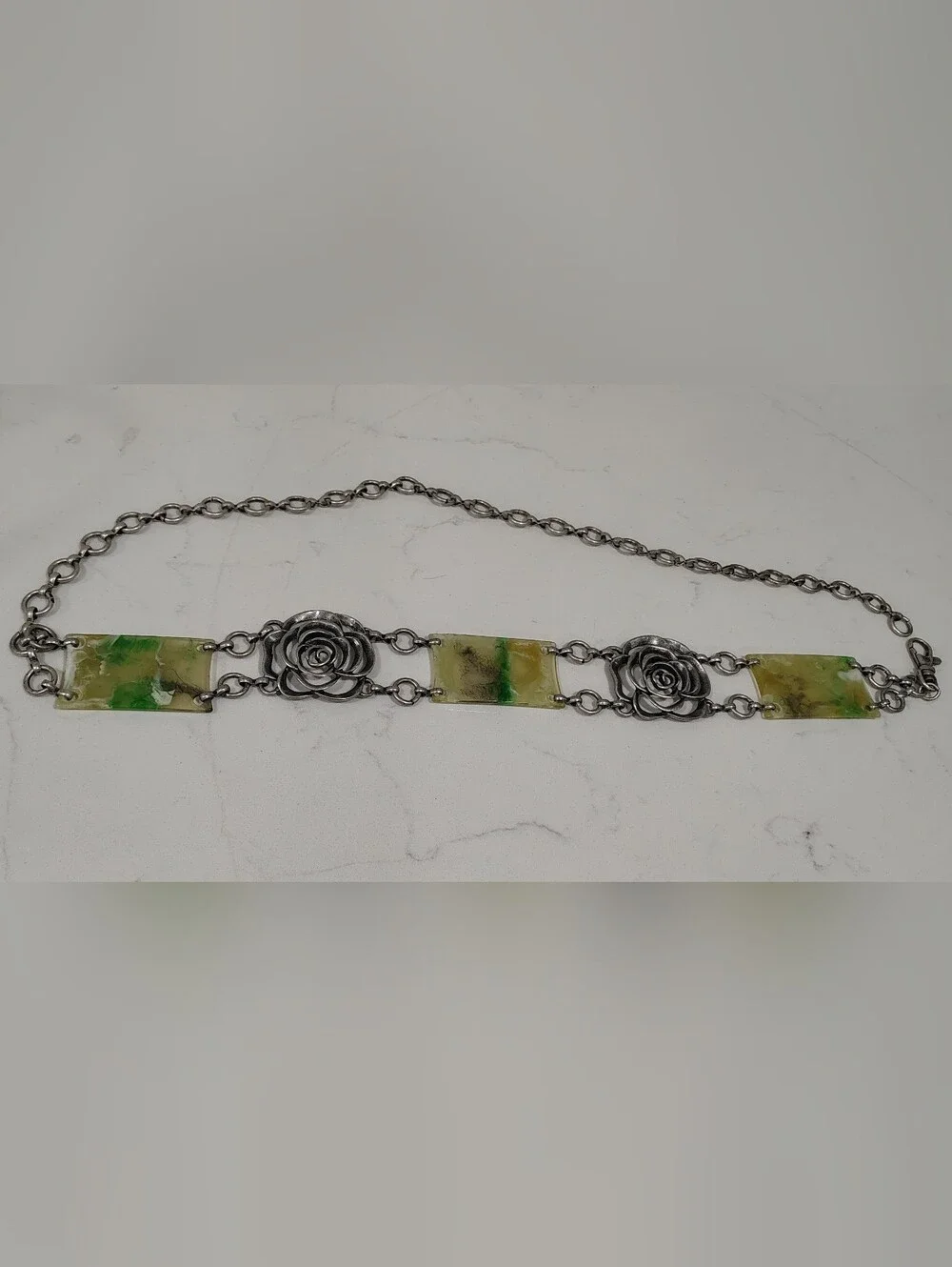 Y2K Belt Carved Metal Roses Statement Piece Silver & Marble Amber Green Inserts